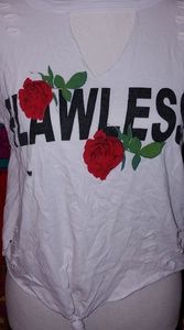 White Flawless Shirt Red Roses Holes Tie Shirt